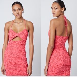 Cotton Candy LA Women's Sugar Pink Floral 70's Cut Out Roughed Mini Halter Dress
